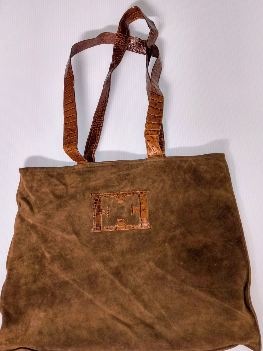 Vintage Escada Brown Suede Tote Bag with Croc-Embossed Leather Trim